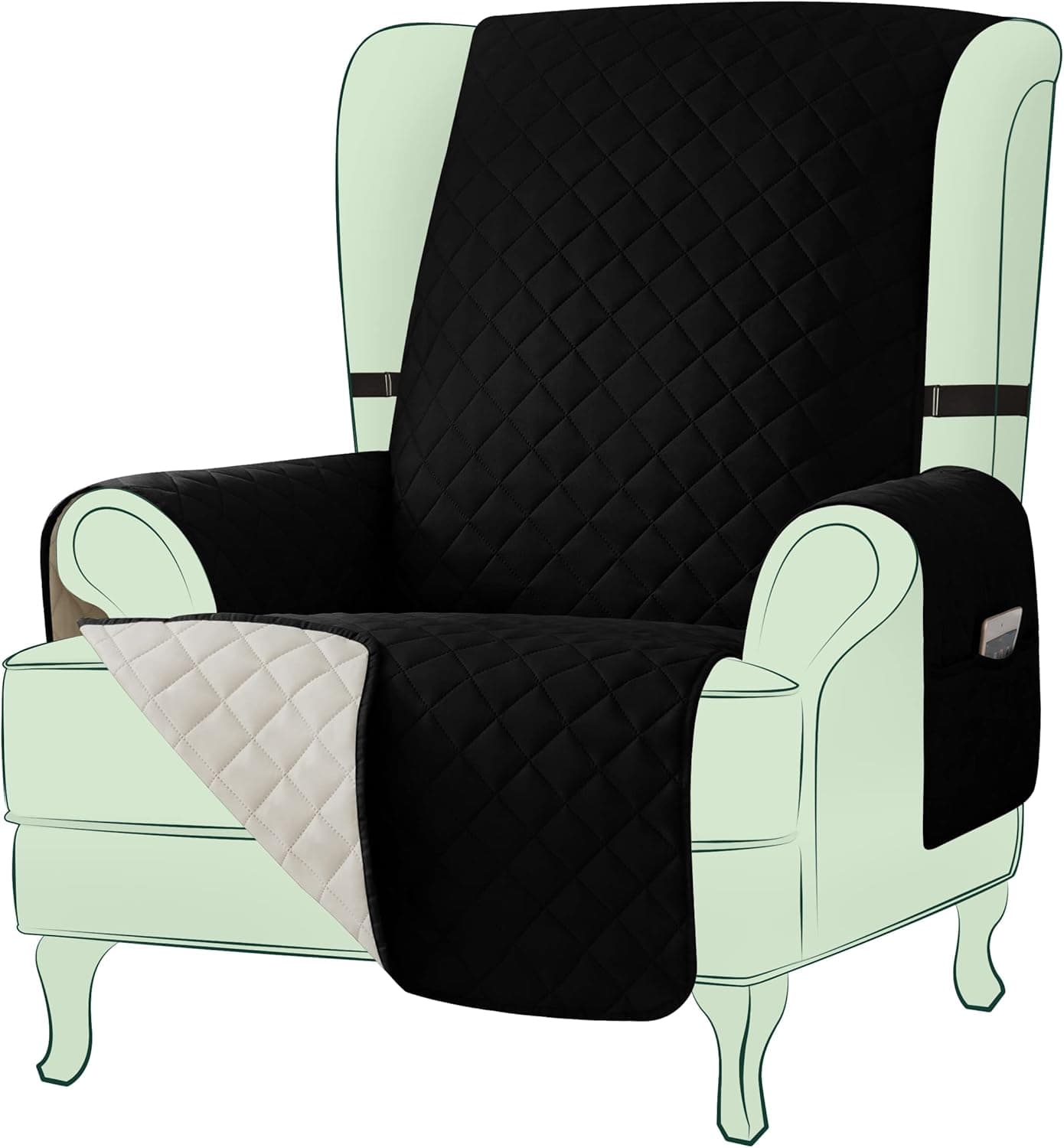 Hokway Wingback Chair Covers Armchair Slipcover with Adjustable Elastic Straps,1 Piece Furniture Chair Protector with Side Pockets for Fabric Leather Chair Covers for Living Room (Black)