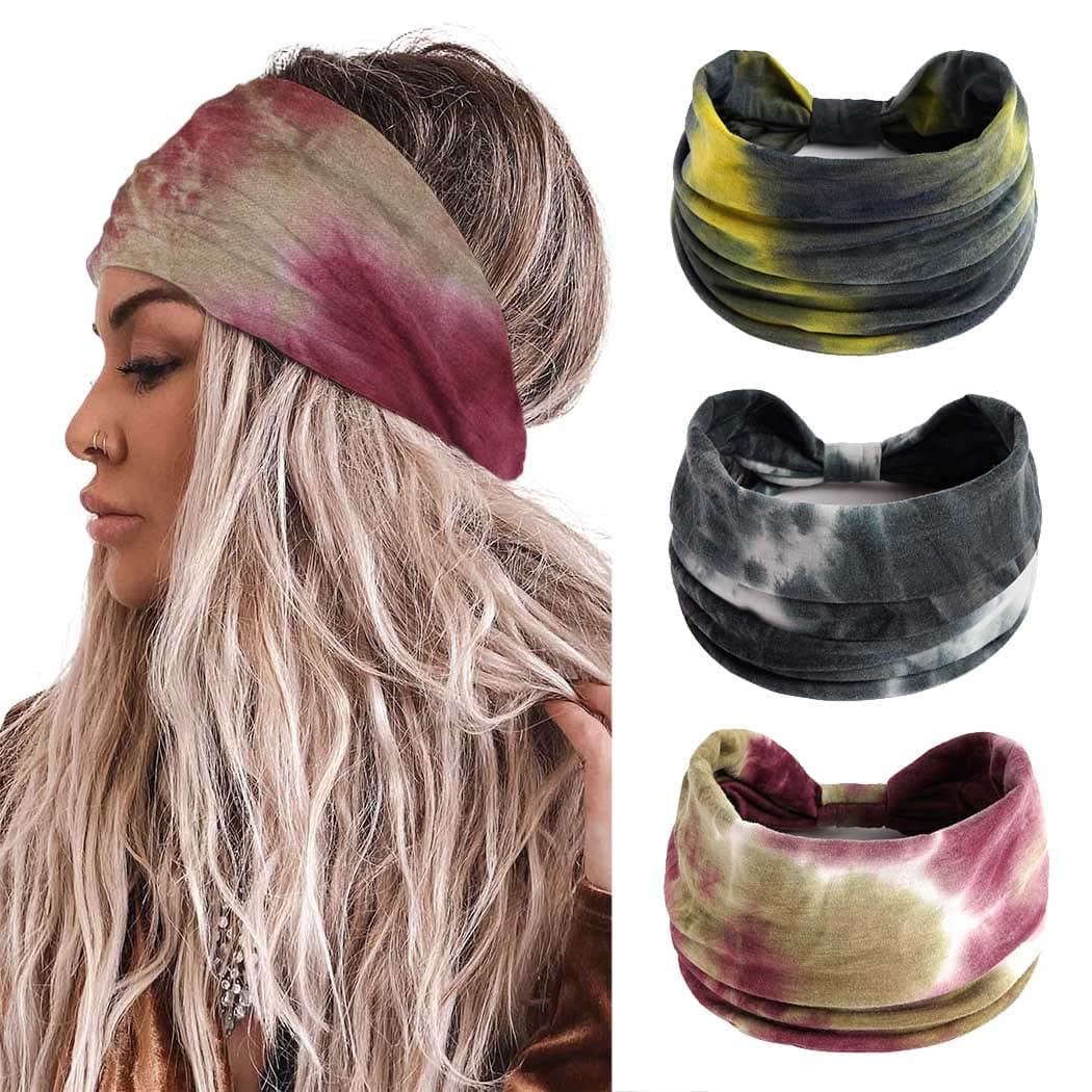 Aceorna Boho Headbands Wide Knotted Hairbands Stretch Turban Head Bands Elastic Cotton Workout Hair Bands Floral Yoga Sweetbands Bohemia Head Wraps for Women and Girls 3 Pcs (Tie Dye 1)