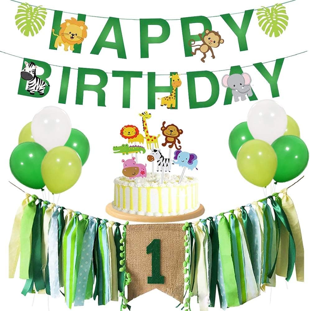 PRATYUS Jungle Theme Baby First Birthday Decorations Kit for Girl Boy 1st Birthday Party Supplies Green Highchair Banner, Birthday Banner, Animal Cake Toppers, White and Green Balloons