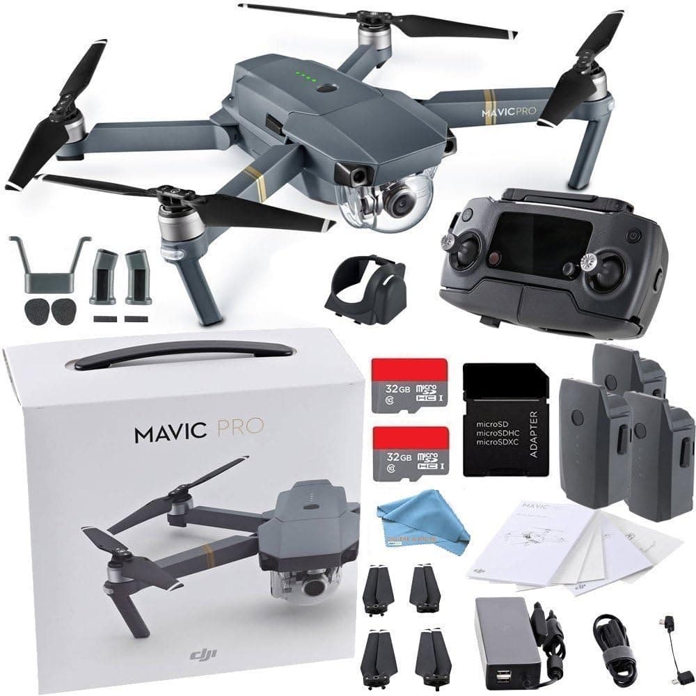 DJI Mavic Pro Collapsible Drone ALL YOU NEED Bundle w/ Remote Controller, Intelligent Flight Battery, 8330 Folding Propellers, Gimbal Clamp, Charger, AC Power Cable, 32GB microSD Card + MUCH More