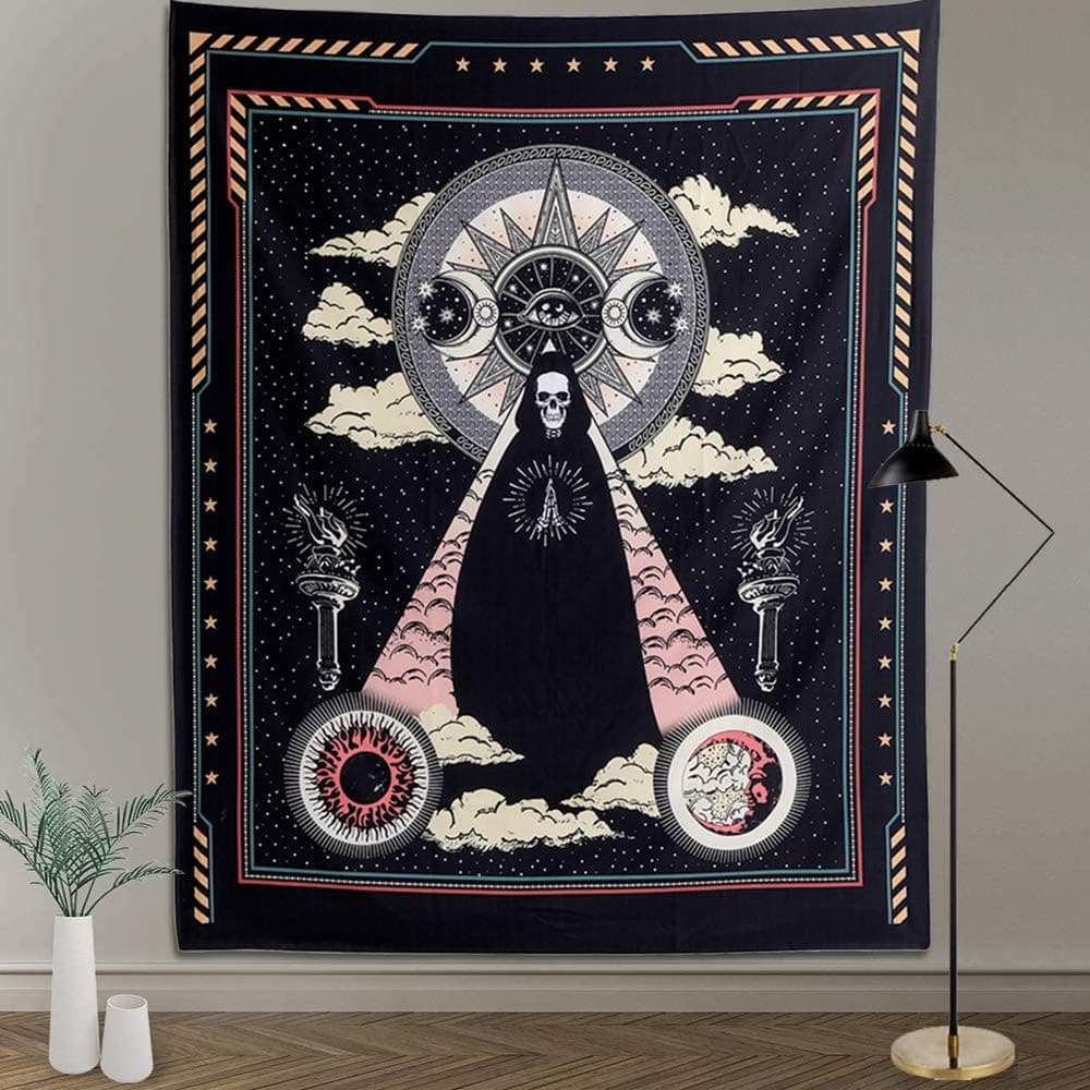 INTHouse Wizard Skull Tapestry Wicca Tapestry Black Tarot Tapestry Vertical Tapestry Gothic Home Decor Wall Hanging For Room