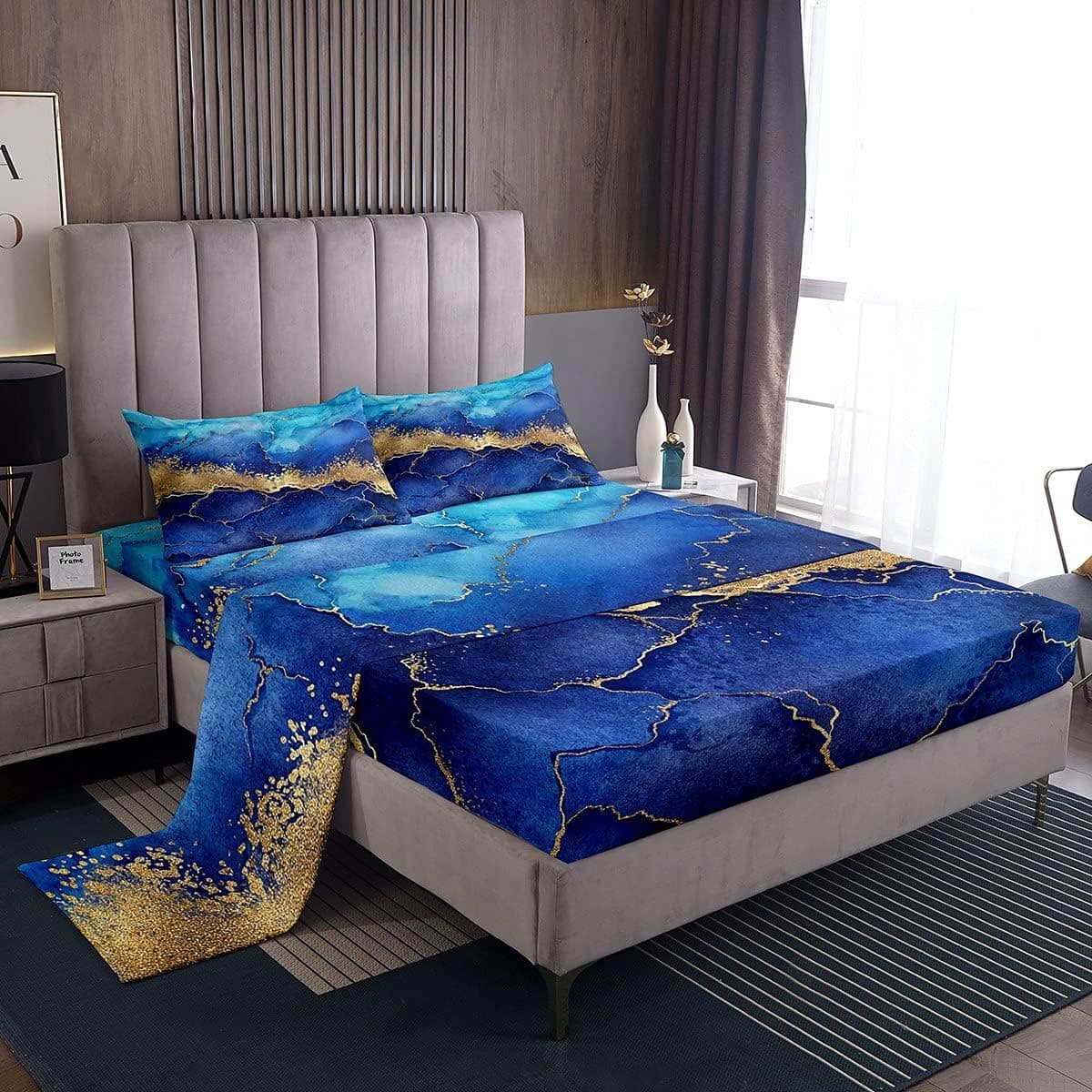 Erosebridal Liquid Marble Sheet Set Blue Golden Teal Marble Grain Fitted Sheet Marble Pattern Printed Abstract Bed Sheets Marbling Quilt Set for Kid Teen Girl Pastel Room Decor, Queen Size
