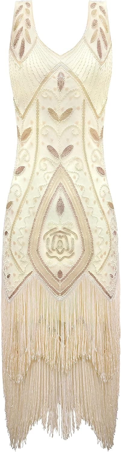 Metme Women's 1920s Flapper Dress Sequins Art Deco Fringed Sleeveless Gatsby Dress