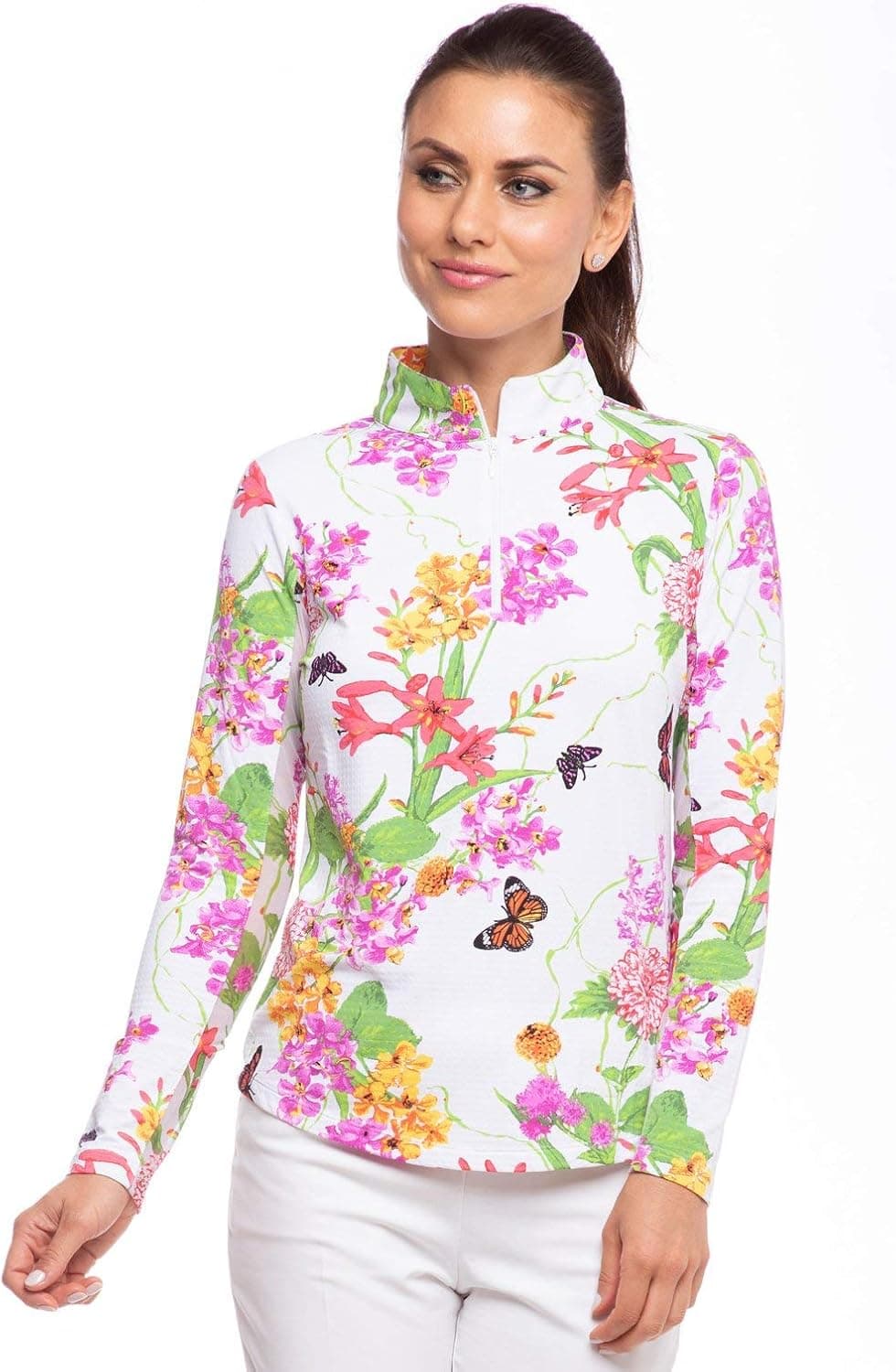 IBKUL Women's Sun Protective UPF 50+ Cooling Willow Print Long Sleeve Mock Neck - 10409 White