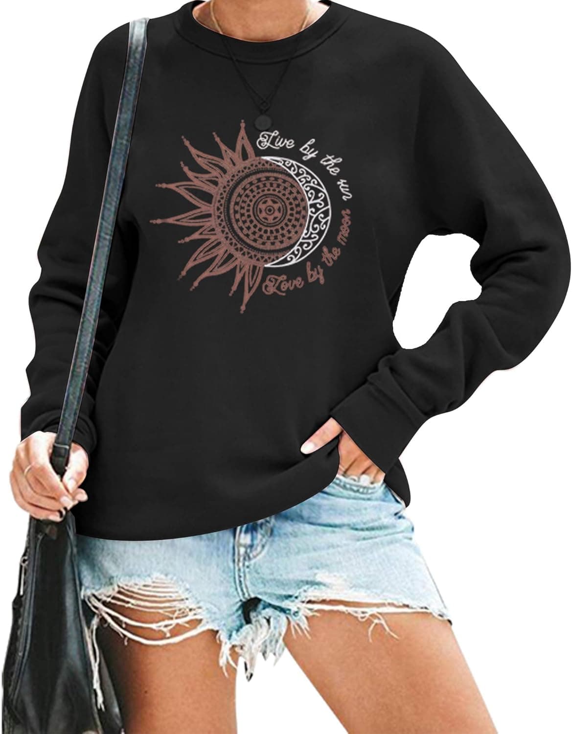 MYHALF Live by The Sun Love by The Moon Sweatshirt Women Cute Sun Moon Graphic Shirt Pullover Casual Long Sleeve Fall Top