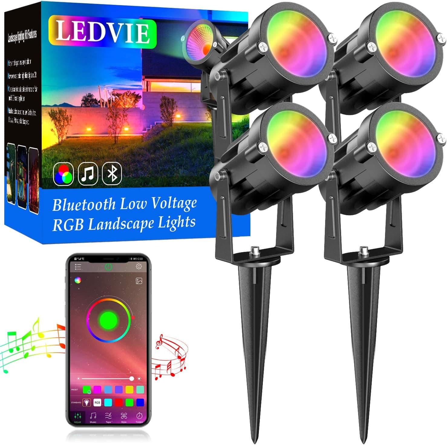 LEDVIE 15W DC Low Voltage RGB Landscape Lights Bluetooth, 4Pack LED Landscape Lighting Kit Outdoor DC 12-24V RGBW LED Landscape Lights Waterproof 2700K Warm White, 16 Million Color, Timing, Music Sync