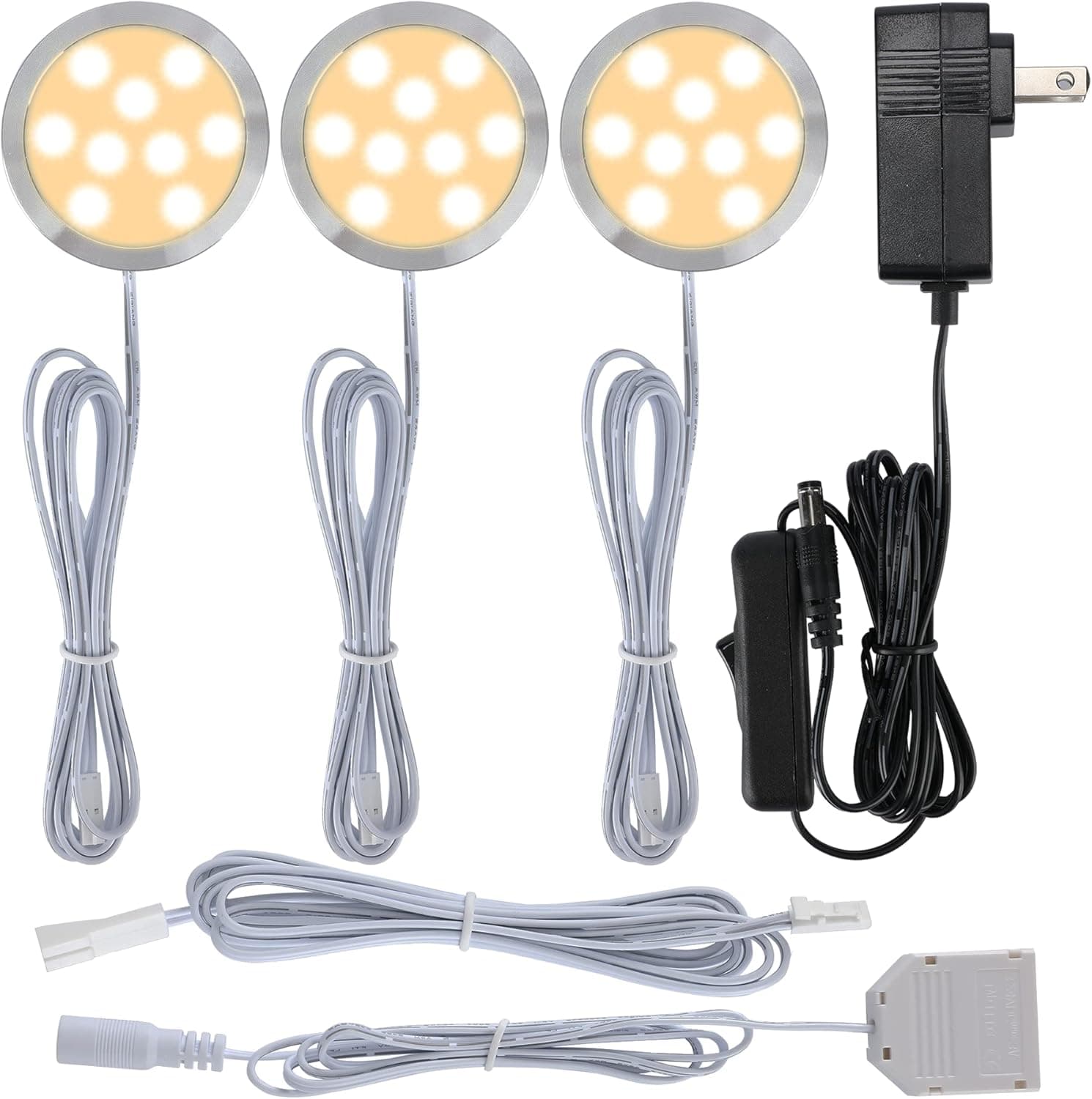Meigour Under or Above Counter LED Lighting Kit, Kitchen Cabinet Accent Lighting, 120 Volt Electric Wired Wall Plug, 3 Ways Octopus Wired, On/Off Switch Warm White 2700K, 3 Lights