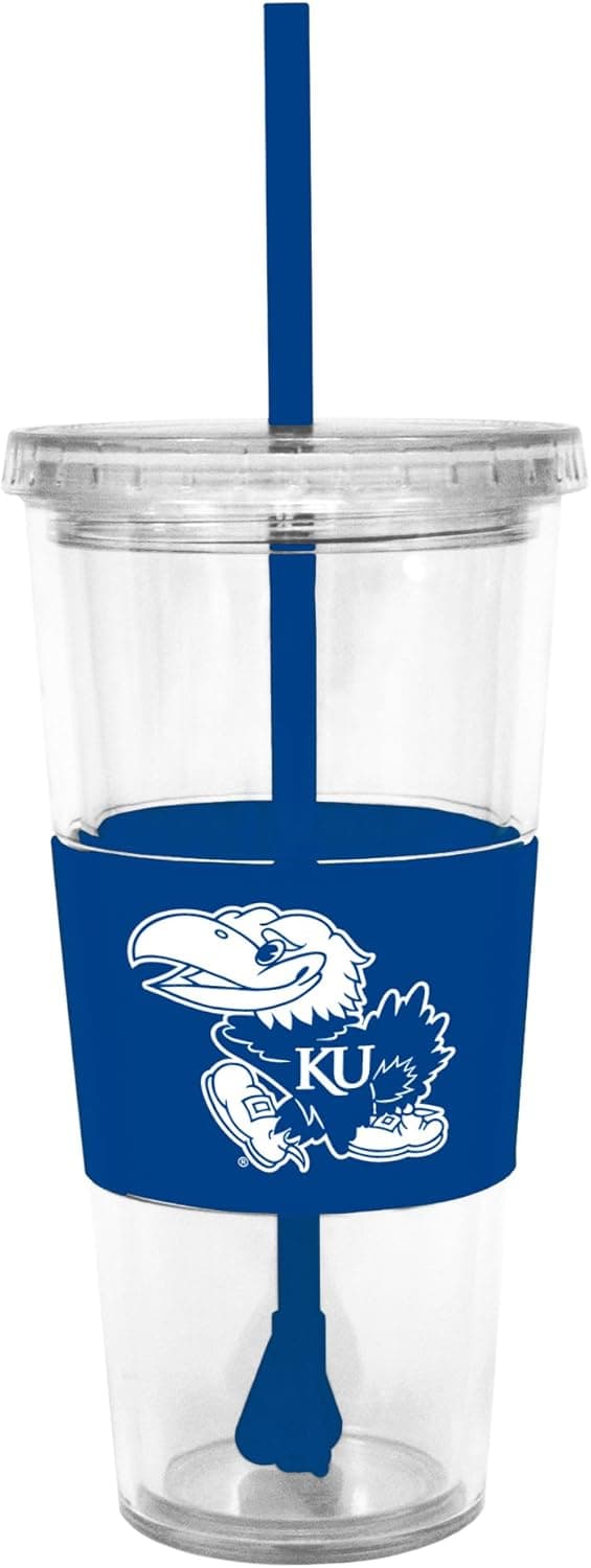 NCAA Kansas Jayhawks Insulated Tumbler with Rubber Sleeve and Stir Straw, 22-ounce