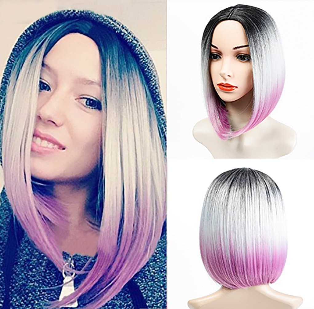 DIFEI Short Straight Bob Wigs Middle Part Wig Ombre Wig Heat Resistant Wig for Women (Purple)