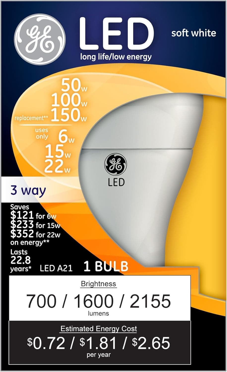 GE Lighting 92119 3-Way LED 50/100/150-watt Replacement A21 Bulb with Medium Base, Soft White, 1-Pack