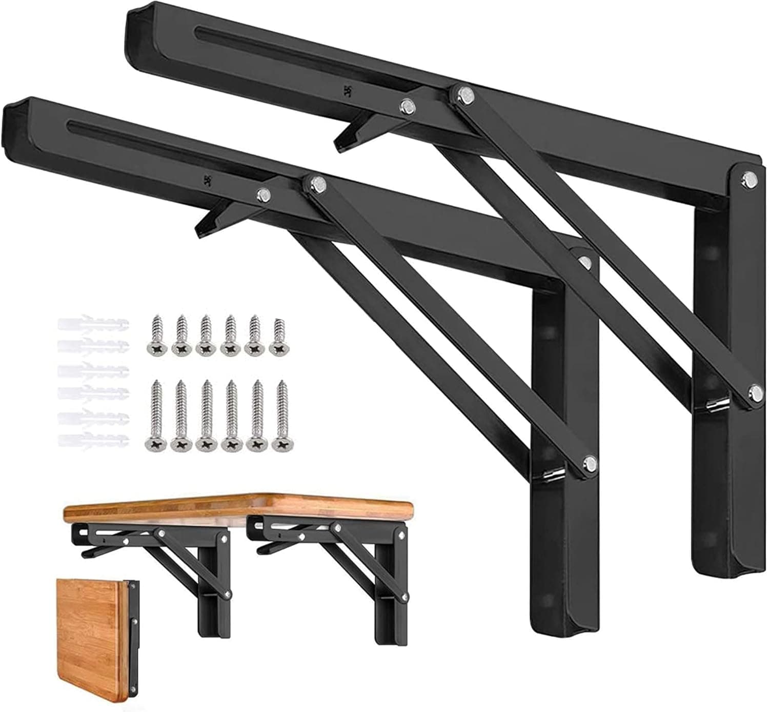Folding Shelf Brackets 10 Inch, Heavy Duty Metal Collapsible Triangle Shelf Bracket, DIY Wall Mounted Shelf Brackets, Space Saving for Bench Table, Max Load: 132Ib, (Black -2PCS with Screws)