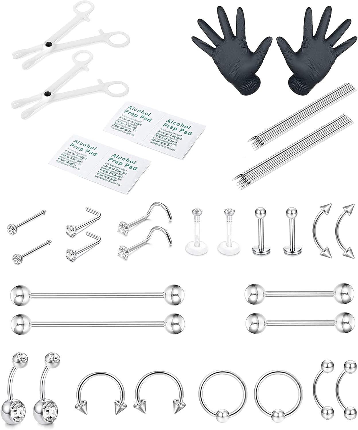 Jstyle 42Pcs Professional Piercing Kit Stainless Steel Belly Button Rings Nose Ring Lip Tongue Tragus Cartilage Helix Daith Eyebrow Ring Body Jewelry 14G/16G/20G