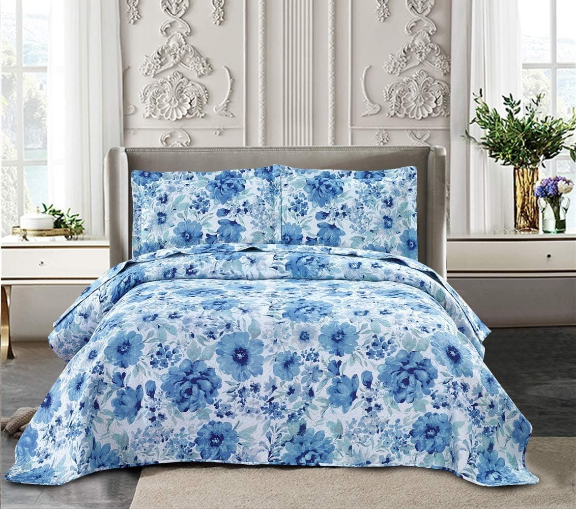 Yc 3-Piece Ink Flower Quilt Set Printed Bedspread Chinese Traditional Painting Flowers Summer Quilt for Full/Queen Size Lightweight Coverlets with 2 Pillow Shams -Blue Flower Quilts