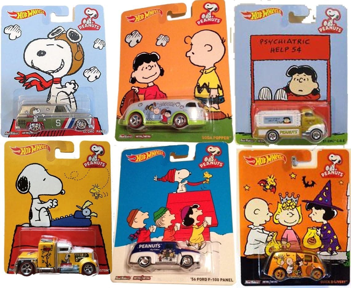 2015 Hot Wheels Pop Culture Peanuts Snoopy Charlie Brown Lucy 6-car set (Convoy Custom; '64 GMC Panel; Soda Popper; '51 GMC C.O.E.; '56 Ford F-100 Panel; Quick D-Livery)