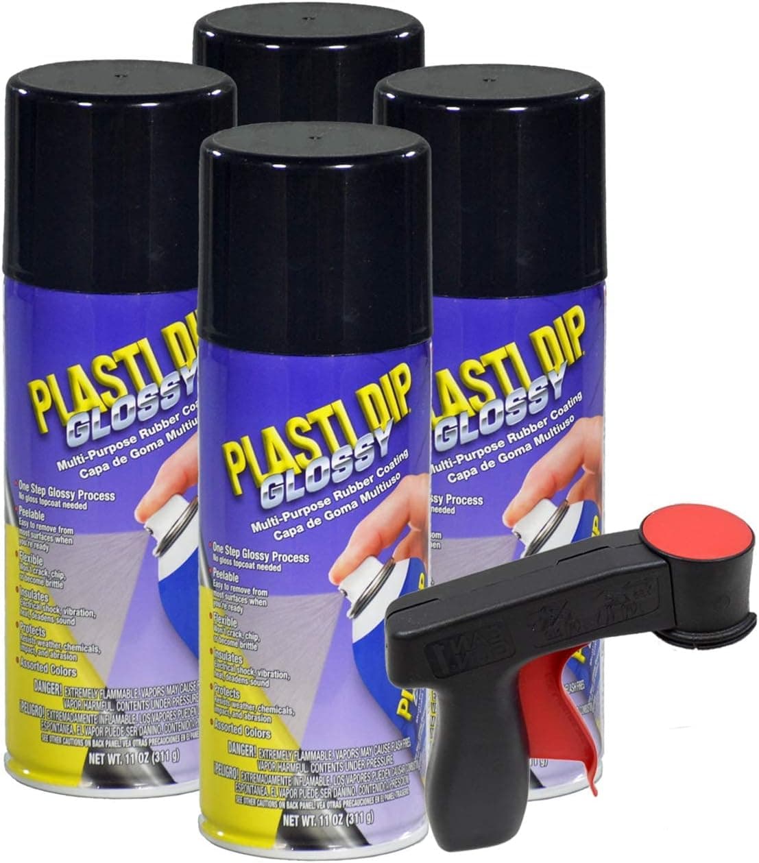 Plasti Dip Spray Glossy Black Rim Kit, 11 oz Aerosol, Pack of 4 cans with Bonus Cangun Tool - Combines Both Color Coat and Gloss Finish