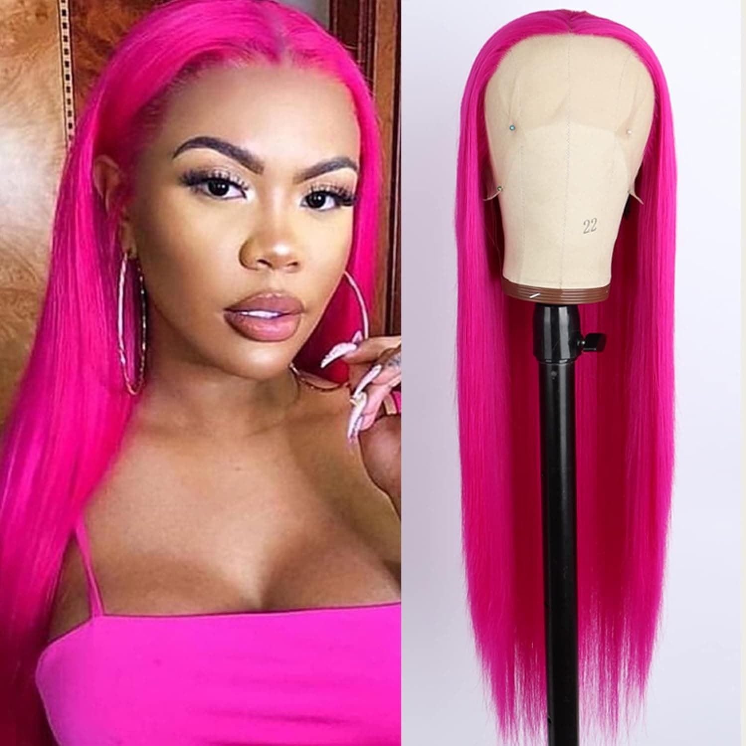 Hot Pink Lace Front Wig 13 ×2.5 Long Straight Synthetic Glueless Heat Resistant Fiber Hair Synthetic Lace Front Wigs for Fashion Women Cosplay Daily Wear(Hot Pink, 24 inch)