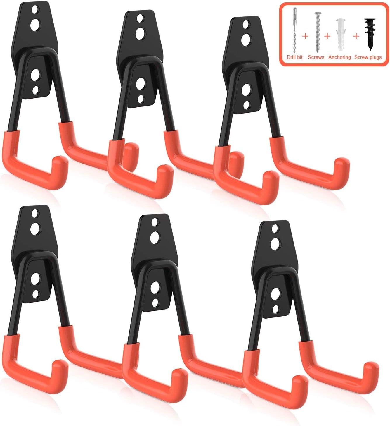 Garage Hooks Heavy Duty, Steel Garage Storage Hooks, Zalava 6-Pack Utility Double Mini L-Shape Hooks for Garage Hanging Power Tool, Wall Mount Garage Organizer, Bike, Ladders, or Bulk Items, 6 Pack