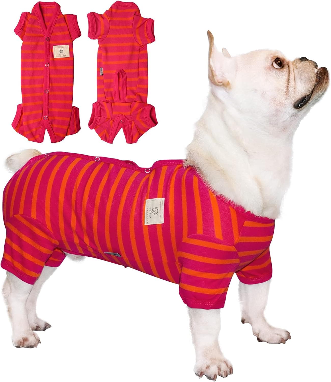 TONY HOBY Female/Male Dog Pajamas, Dog Jumpsuit 4 Legged Pajamas with Stripes, Soft Cotton Dog Onesies for Comfortable Sleep (Rose Red&Orange, Boy, M)