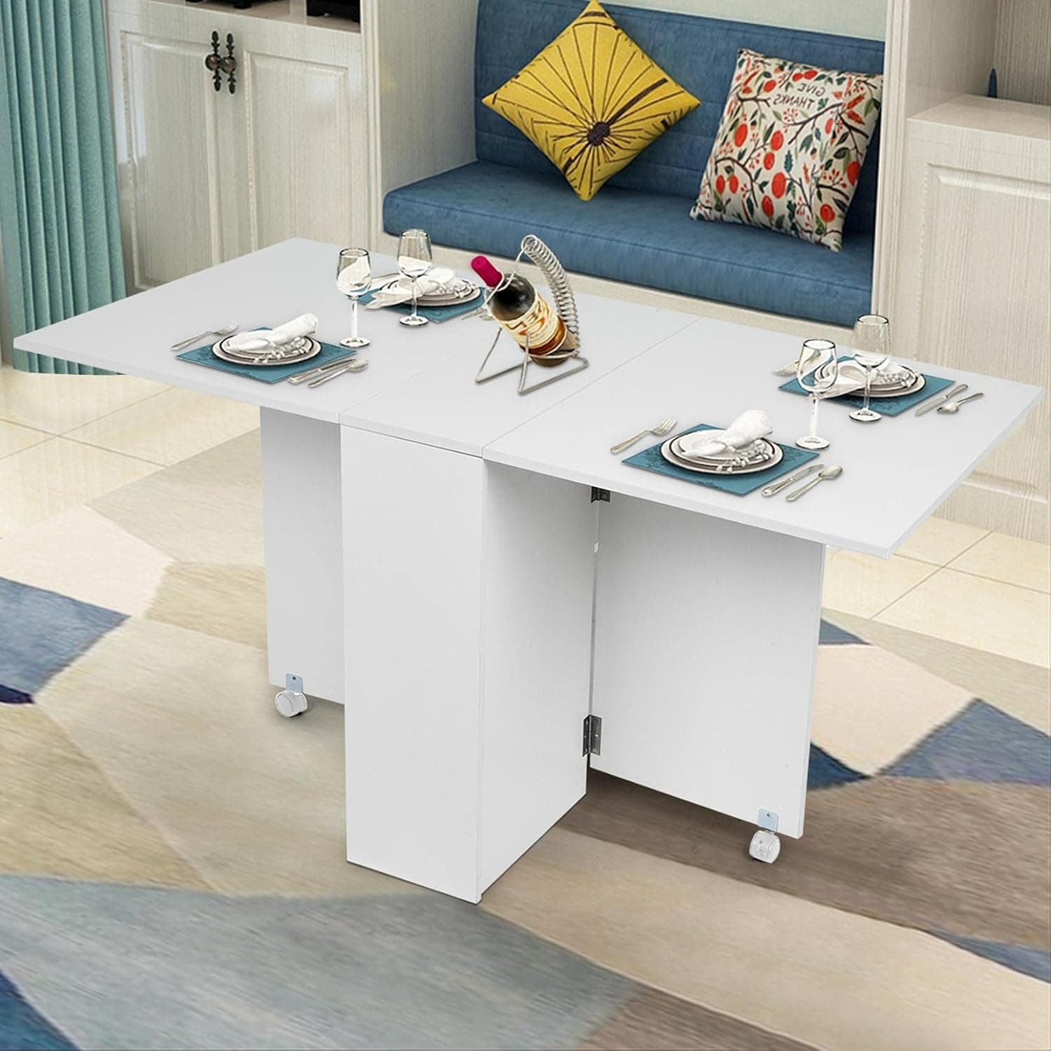 quistrepon Folding Dining Table with 2 Wheels, Space Saving Dining Table w/Storage, Kitchen Folding Table for Small Apartments, Multi-use Table for Crafting, Cutting, Sewing, Espresso (White)
