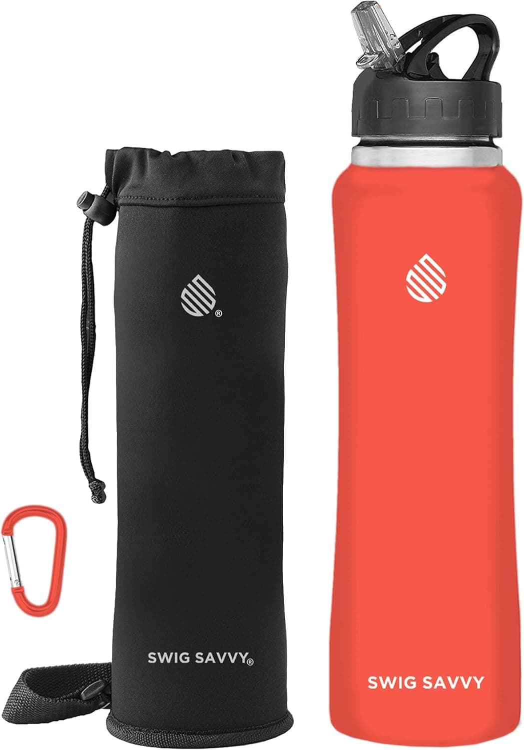 Swig Savvy Stainless Steel Water Bottle with Straw, Pouch, Clip, 24oz Flip Top Insulated Water Flask Canteen, Leak-Proof Vacuum Hot Thermos, Keeps Water Cold for 24 Hours, Hot for 12, Orange