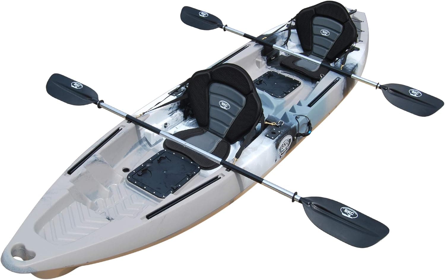 BKC TK122P 12' 6" Tandem 2 or 3 Person Sit On Top Fishing Kayak w/Premium Memory Foam Seats, 2 Paddles and 4 Fishing Rod Holders Included