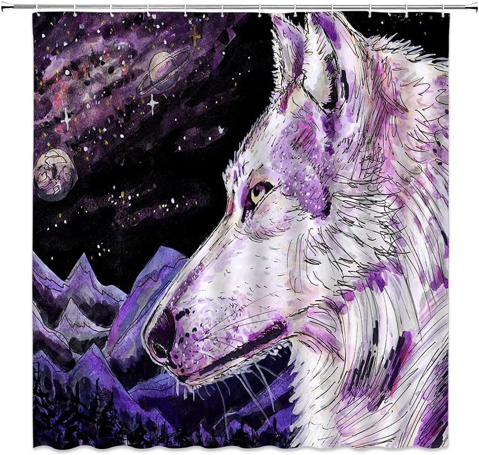 XHCEOH Purple Wolf Shower Curtain Galaxy Wolf Moonlight Starry Sky Mysterious Planet Aurora Northern Landscape Dream Teen Bathroom Decoration Curtain 70 x 70 Inch with Hook