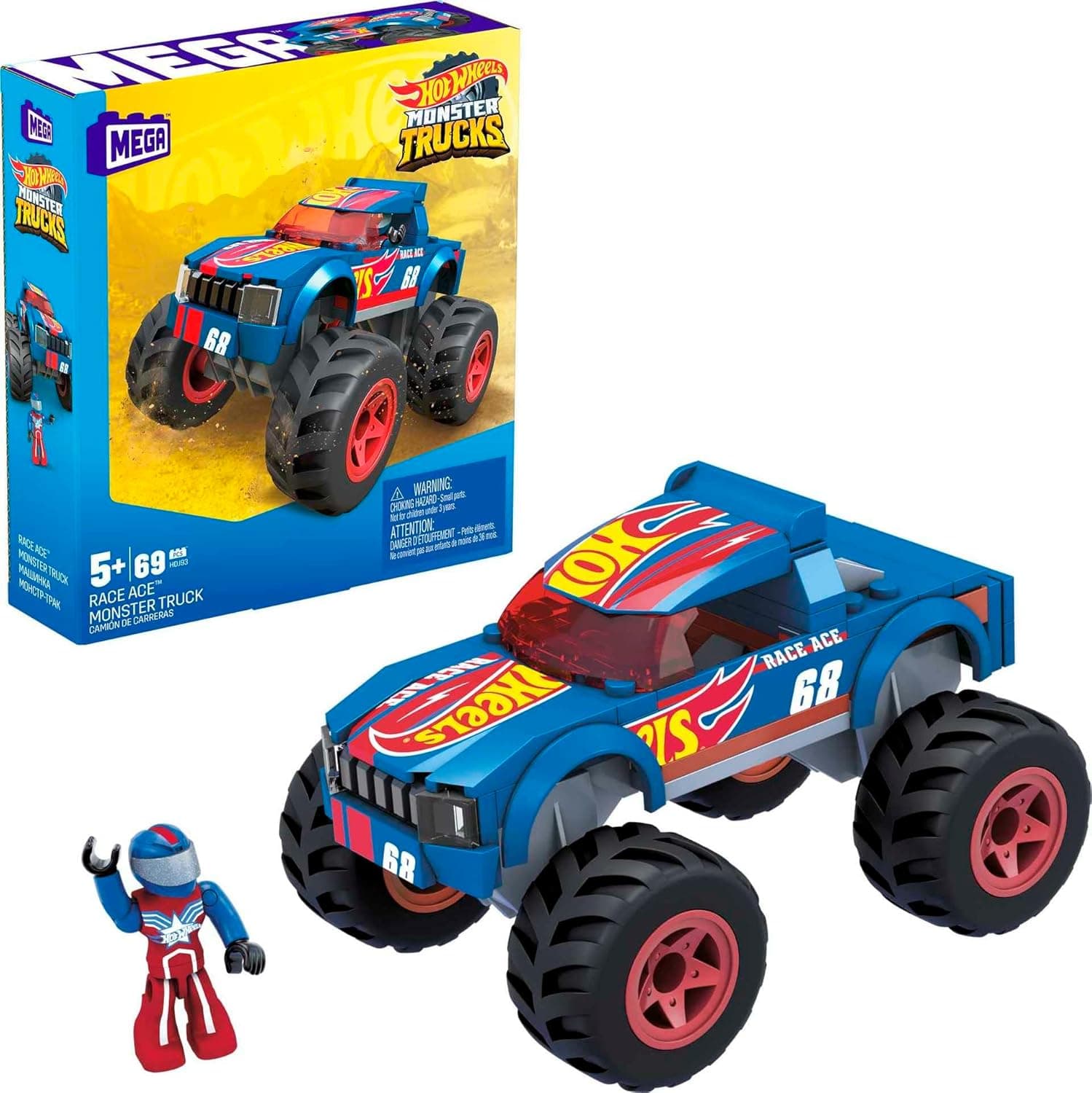 MEGA Hot Wheels Monster Trucks Building Toy Playset, Race Ace With 69 Pieces, 1 Micro Action Figure Driver, Red, Kids Age 5+ Years