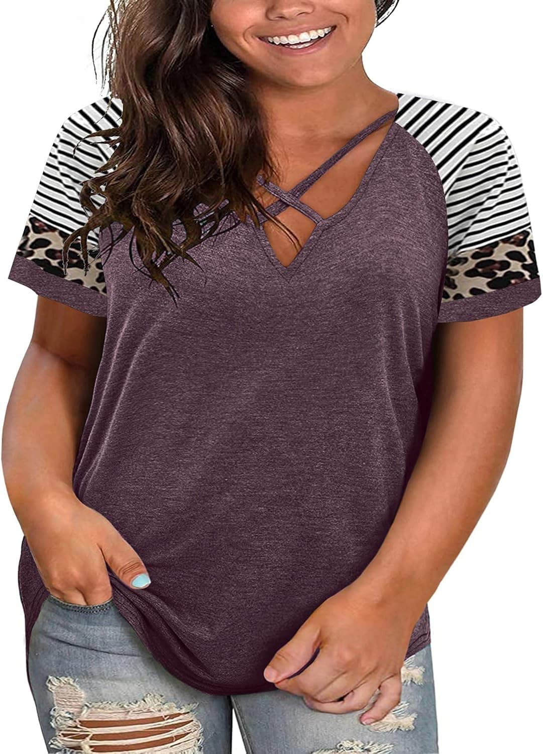 Plus Size Tops for Women Summer Short Sleeve Sexy V Neck Criss Cross T-Shirts Tunic Casual Loose Soft Tee Shirts