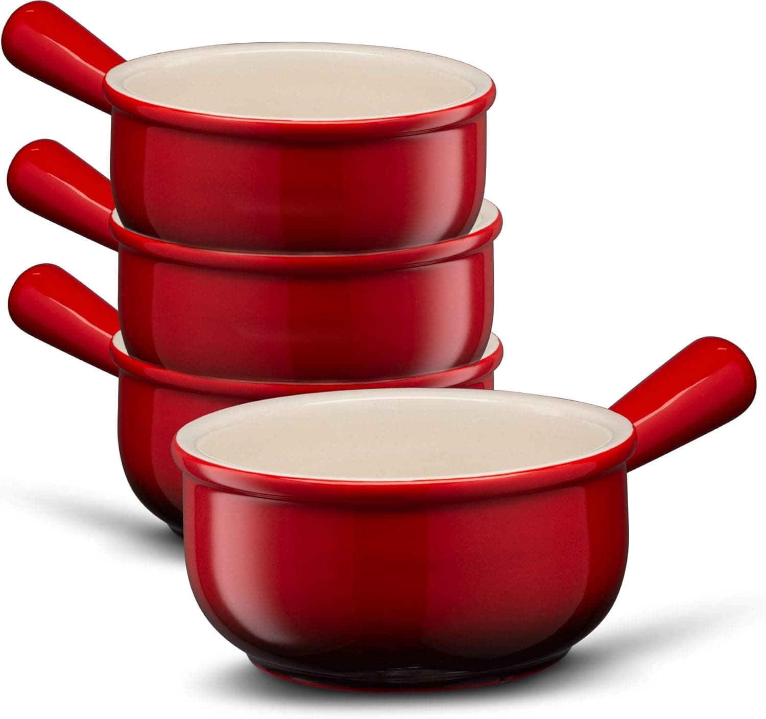 KooK French Onion Soup Crocks, Ceramic Bowls, Broil, Oven, Microwave and Dishwasher Safe, for Cereal, Soups, Casseroles, with Handle, Stoneware, 15 oz, Set of 4, Red Ombre