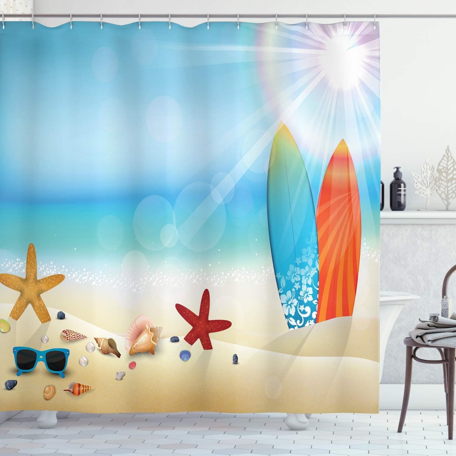 Ambesonne Seashells Shower Curtain, Holiday Theme Sunglasses Beach Summer Surfboard Daytime Sunny Starfish Seashells, Cloth Fabric Bathroom Decor Set with Hooks, 69" W x 70" L, Seafoam Camel