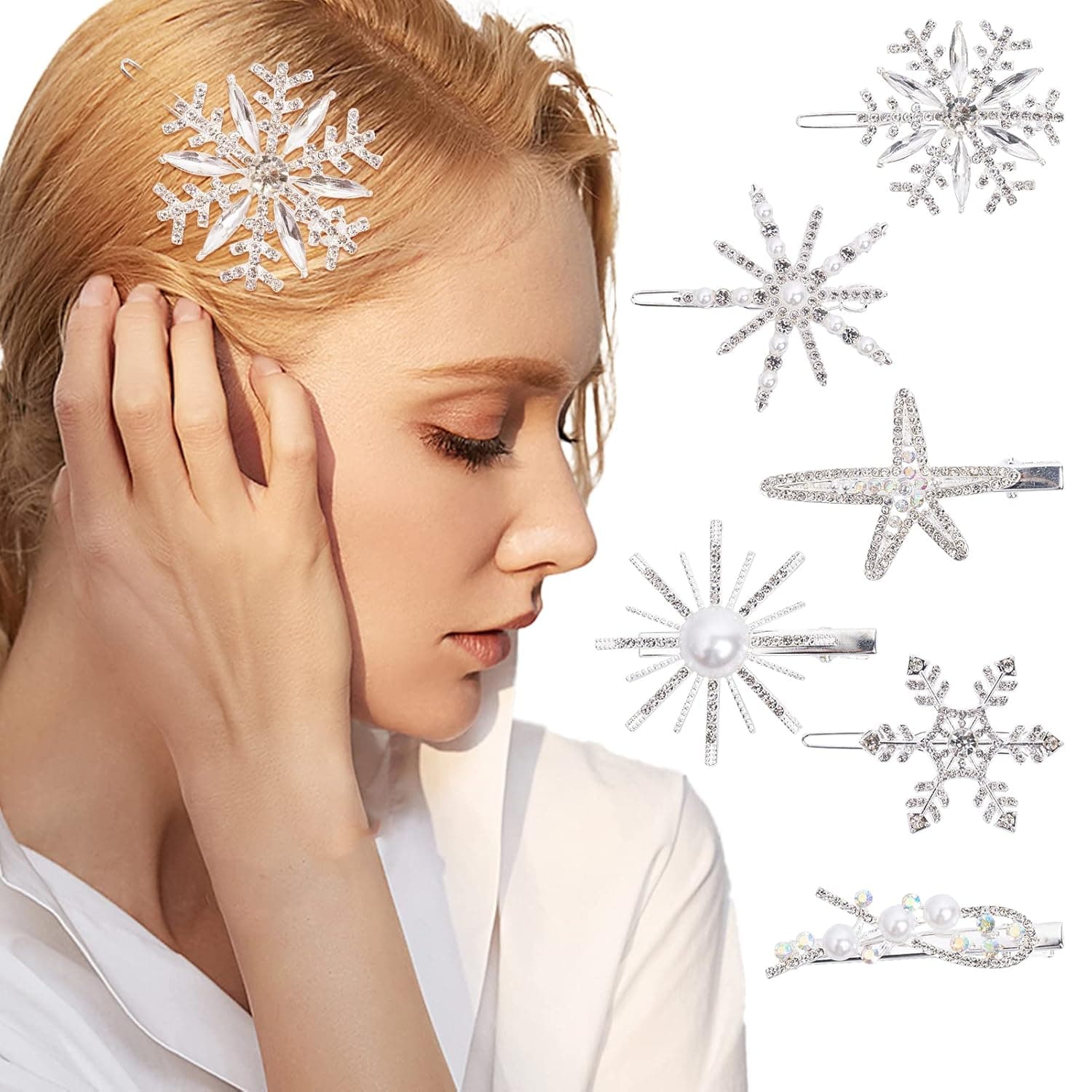 Snowflakes Hair Clips ALYCLIP 6PCS Christmas Rhinestone Hair Barrettes Shiny Pearls Personalized Fashion Headpieces XMAS New Year Gifts