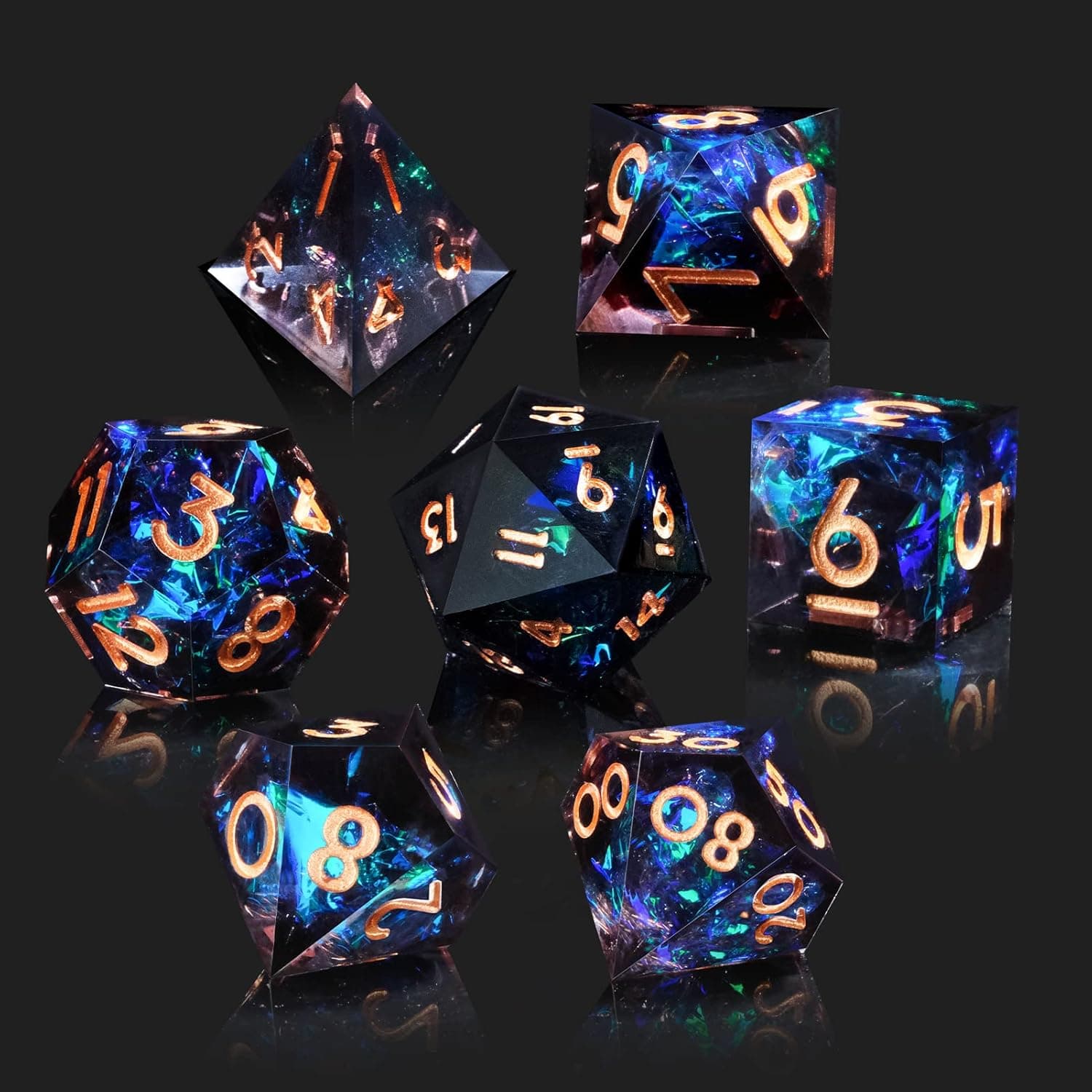 Cttasty DND Dice Set Resin Sharp Edge Dice Set Handmade 7pcs Polyhedral Dice Set DND RPG MTG Role Playing Game Dice Set D&D Dice with Gift Case for DND Dungeons and Dragon (Light-Black)
