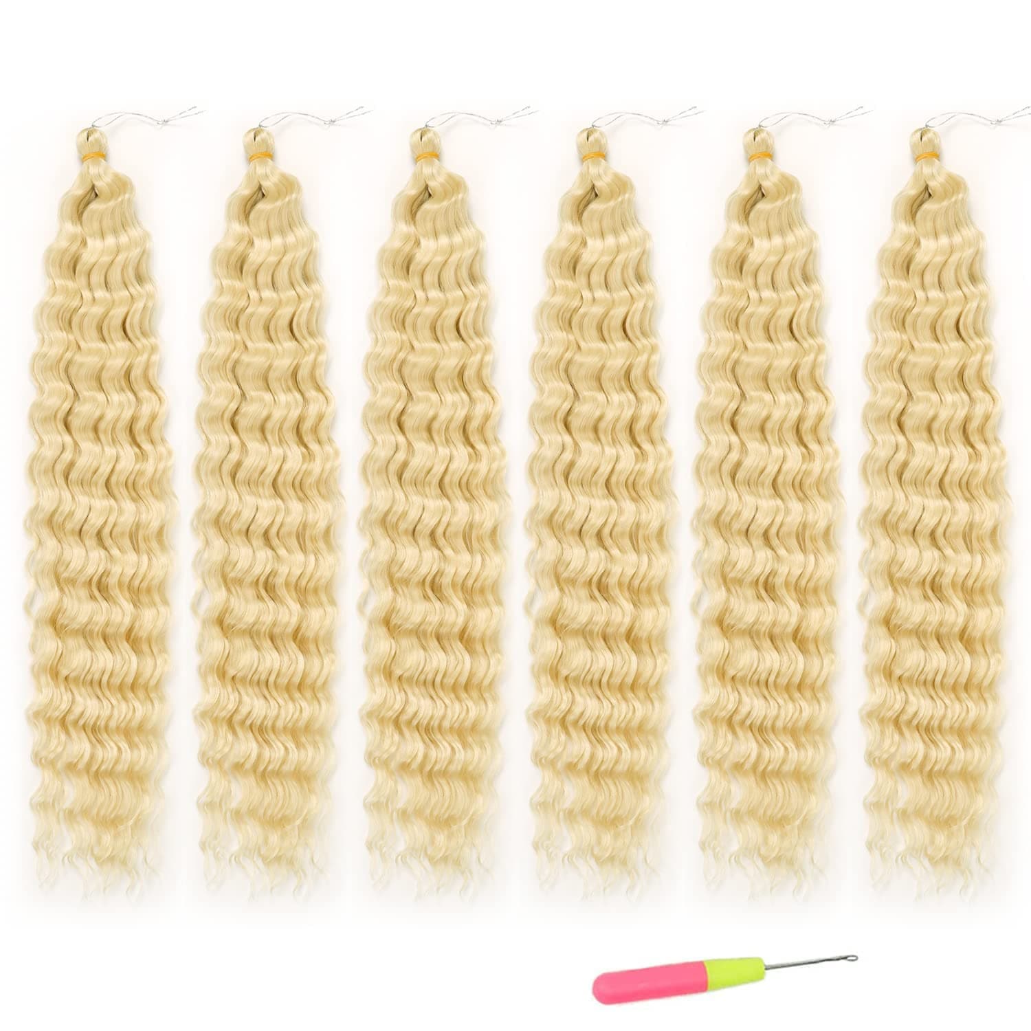 Blonde Ocean Wavy Crochet Hair Extesnions 6Packs Deep Wave Crochet Hair Synthetic Curly Hair Braiding Extensions for Back Women (30 Inch, 613)