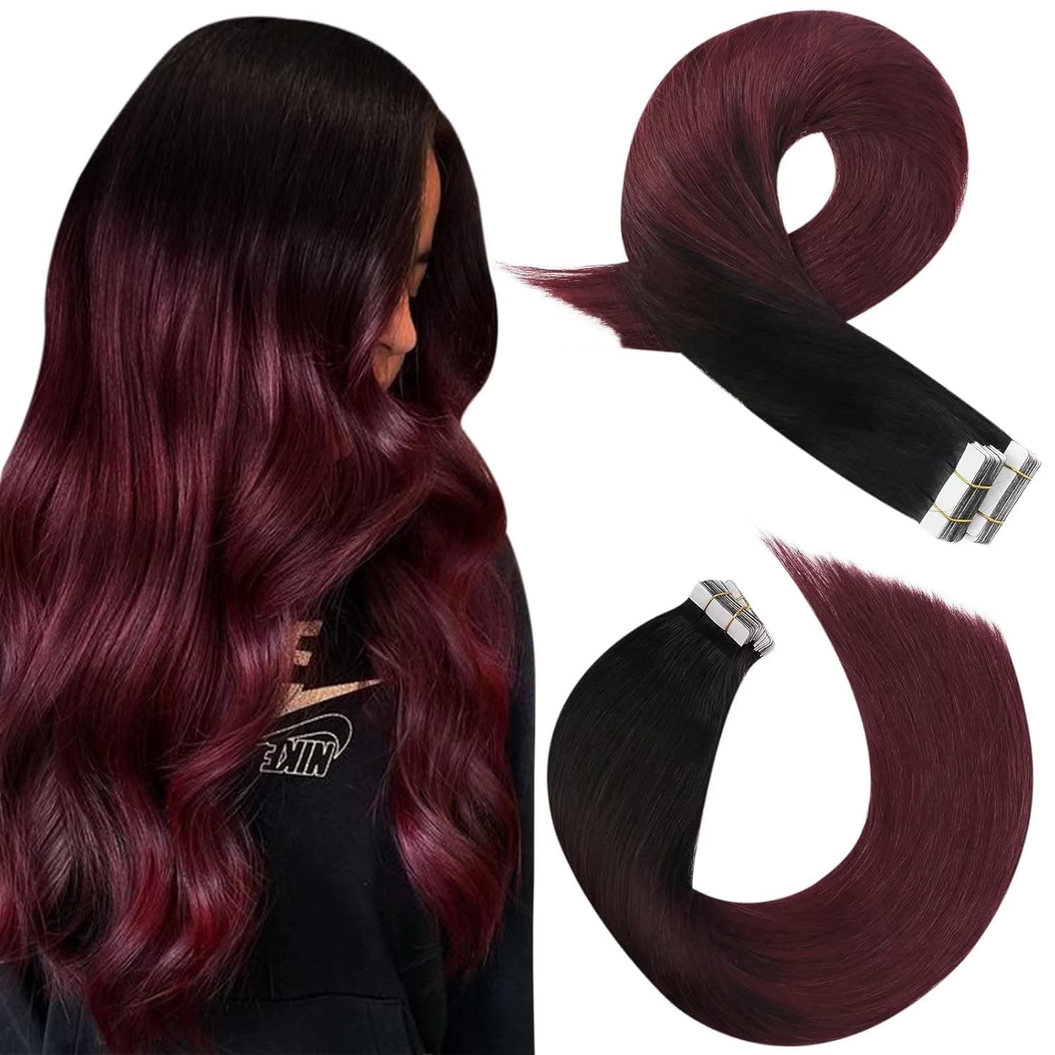Moresoo Tape in Extensions Human Hair Burgundy Hair Extensions Tape in Balayage Off Black to Black with Wine Red Tape in Hair Extensions Real Human Hair Seamless Tape in Hair 20 Inch #1B/99J 20pcs 50g
