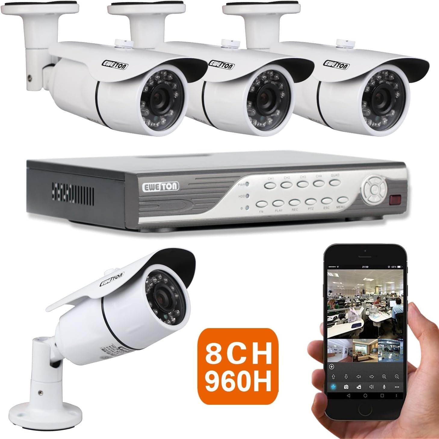 EWETON 8CH 960H DVR 1000TVL HD Security Camera System w/ 4 Indoor/Outdoor Waterproof 65feet Night Vision Security Camera Support Smartphone View Remote Access Email Alarm-No Hard Drive