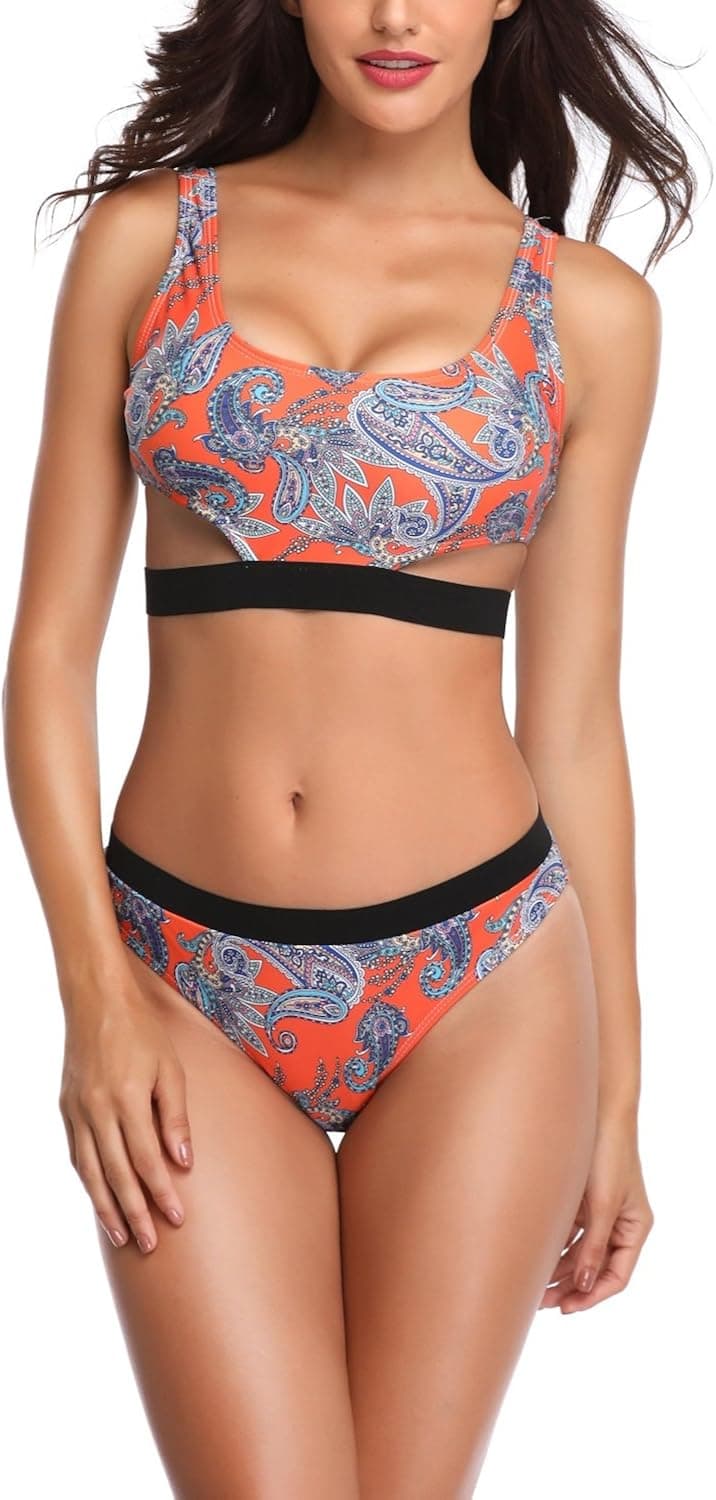 Memory baby Women's Two Piece Floral Printed Bandage Bikini Bathing Suits Orange Floral M