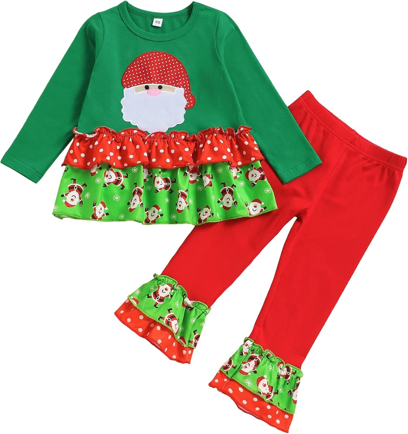Menglang Christmas Outfit Toddler Baby Girls Ruffle Top Clothes Set Santa Claus Print Shirt Dress Pants Set