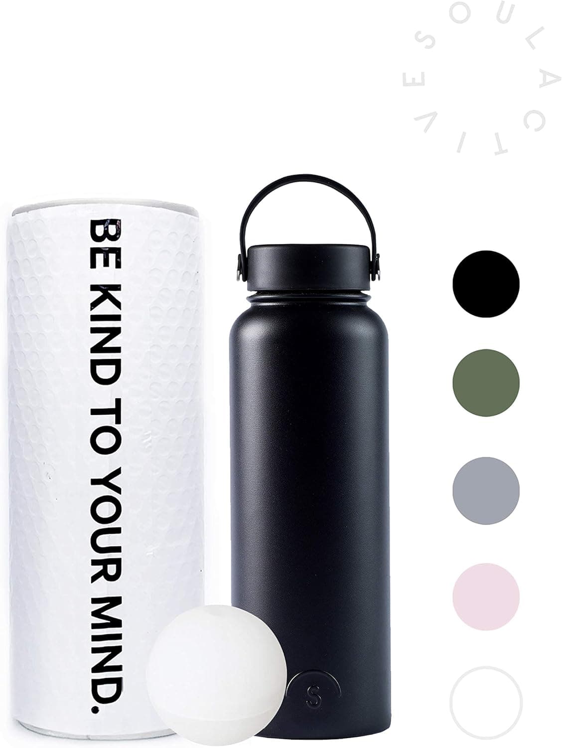 Soul Active | 40oz Water Bottle, Double Insulated, Vacuum Sealed, BPA Free, Stainless Steel Sports Water Bottle, Wide Mouth in Multiple Colors and Sizes + Free ICE Cube Sphere | Black 40oz