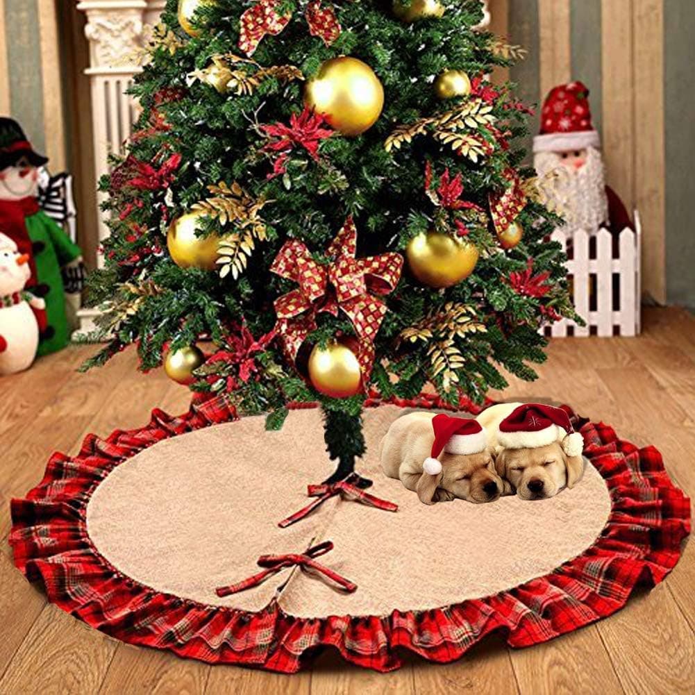 48 Inch Burlap Plaid Christmas Tree Skirt Linen Red Green Ruffle Edge Border Large Tree Skirt for Xmas Party Holiday Decorations
