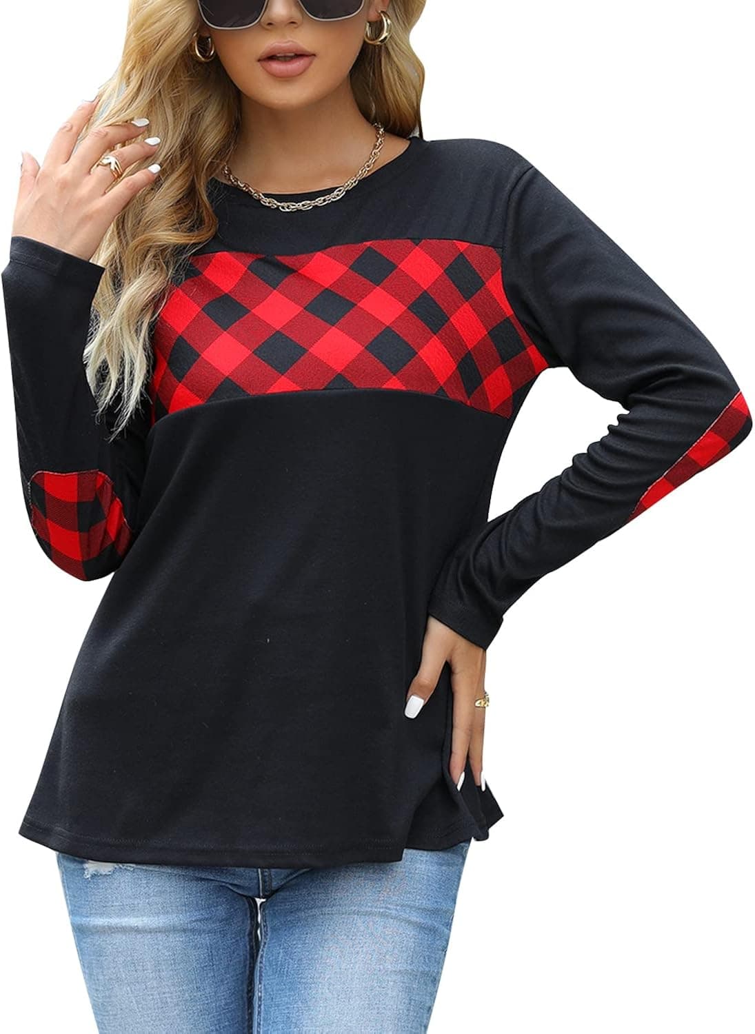 Blooming Jelly Women's Long Sleeve Round Neck Elbow Patched Color Block Stripe Shirt Tops