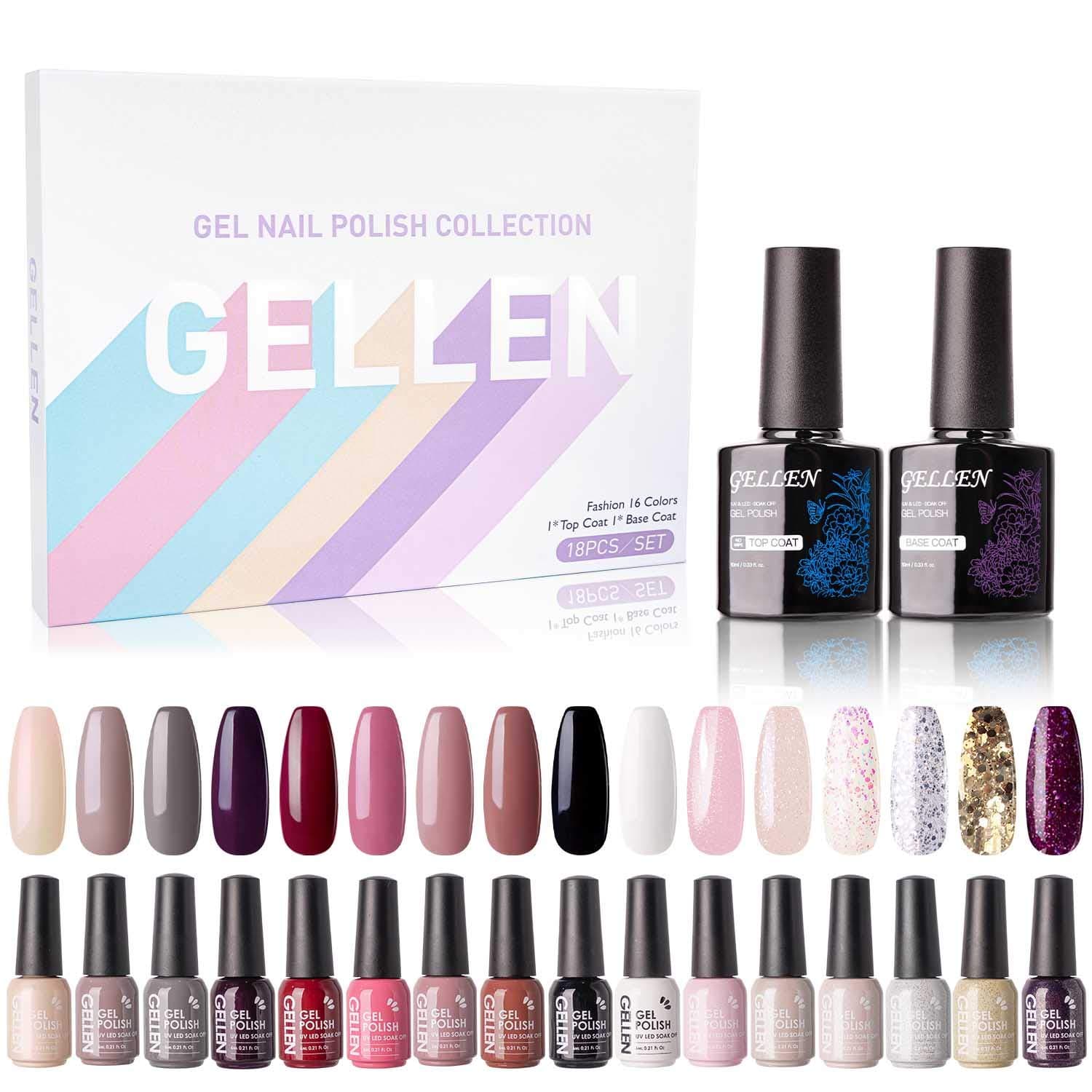 Gellen 16 Colors Gel Nail Polish Kit- With Top&Base Coats, Eleganct Dark Shades, Fall Winter Nail Trends