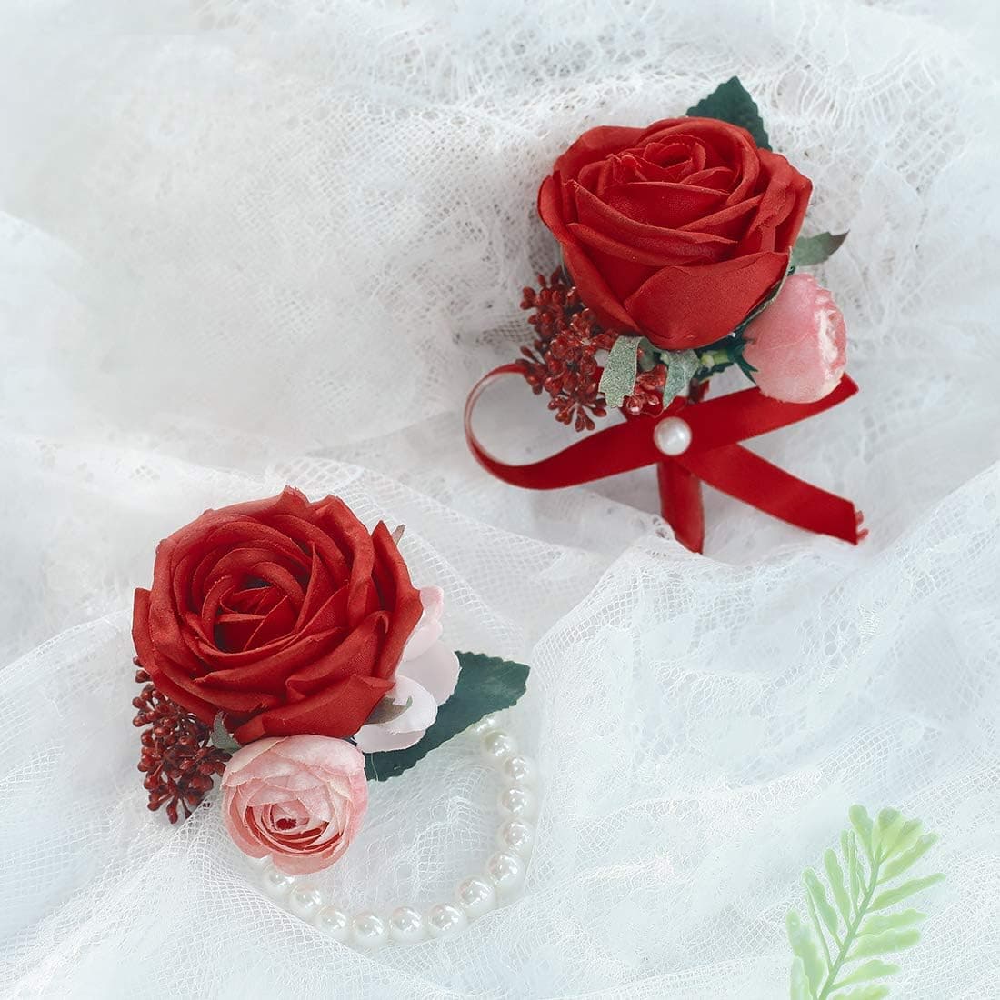 floroom Bride Wrist Corsage Bracelet and Men Boutonniere Set for Wedding Red