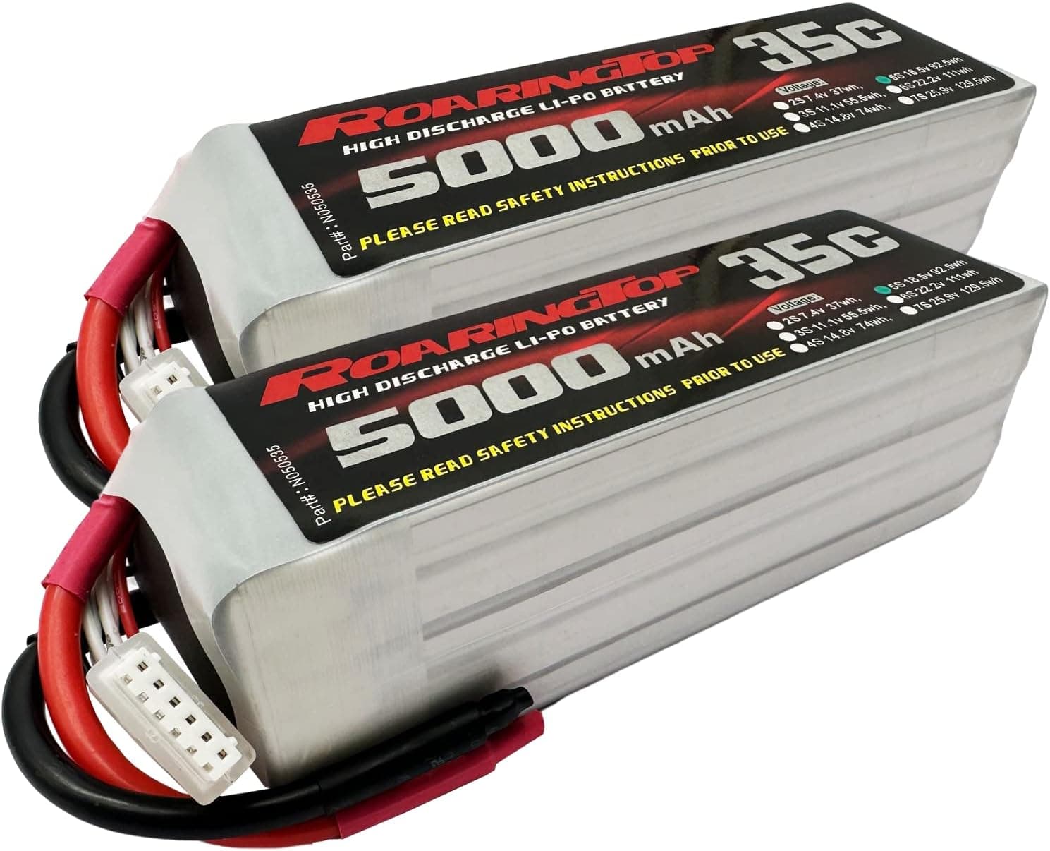 RoaringTop 5000mAh 5S 20C 18.5V RC Lipo Battery with 4mm Bullet Wire (Without Plug) for F3A Model Airplane(2 Packs)
