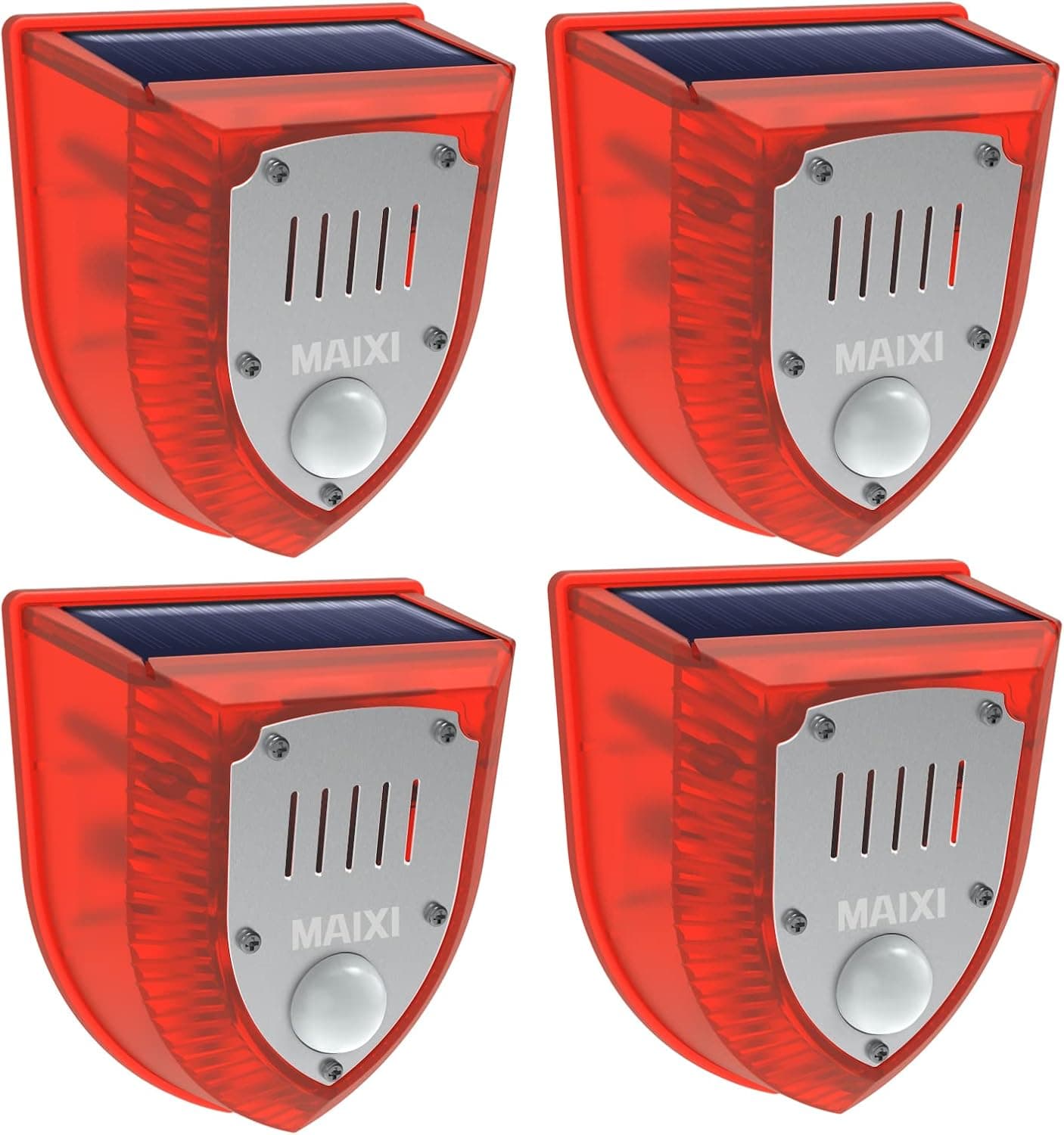 MAIXI Solar Sound Alarm Motion Detector Warning Alarm Outdoor 120db Sound Security Flash Lighting Rain Proof Day and Night Mode for Home Villa Yard Farm Storage Room (4 Pack)