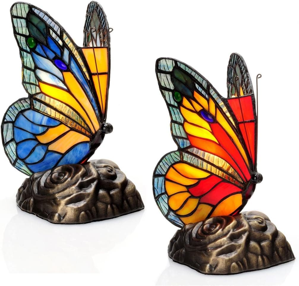 8" Set of Two Tiffany Style Butterfly Stained Glass Touch Accent Lamps