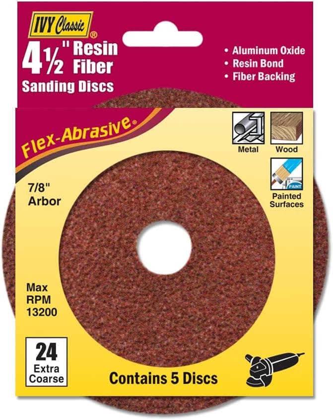IVY Classic 42306 Flex-Abrasive 4-1/2-Inch x 7/8-Inch 24 Grit Extra Coarse Resin Fiber Disc, 5/Card