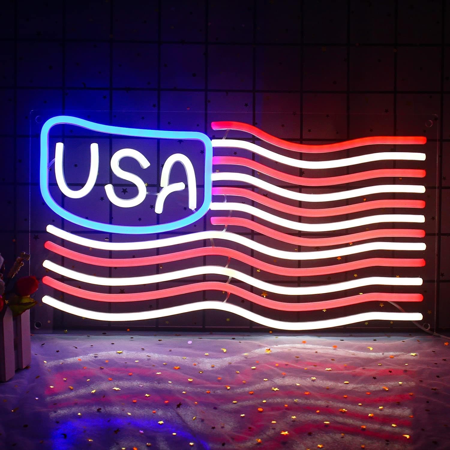 Wanxing American Flag Neon Sign USA Flag Neon Light Sign Red White Neon Signs for Wall Decor American Flag Day American Independence Day Halloween and Christmas Decoration