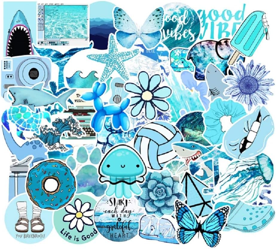 53 Pcs Street Fashion Sticker Decals for Laptops Cars Water Bottle Luggages Ipad Street Doodle Sticker Set Waterproof Sticker (Blue)