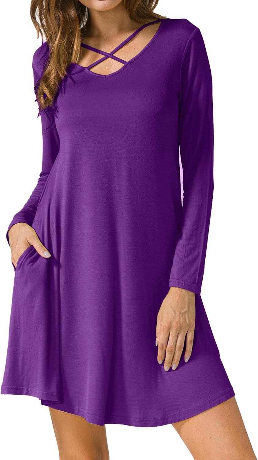 CALIPESSA Womens Long Sleeve Cross Front Pocket Loose Swing Casual T Shirt Dress