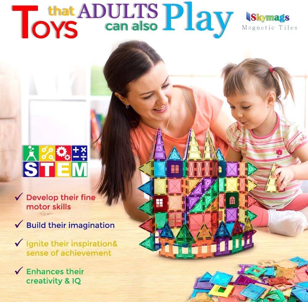 SKYMAGS Magnetic Tiles, Magnet Tiles for Kids, Magnetic Building Blocks 100 Pcs Set Toys for Boys and Girls Ages 3 4 5 6 7 8 Year Old, Educational, Inspirational, STEM Toys(100 Set)